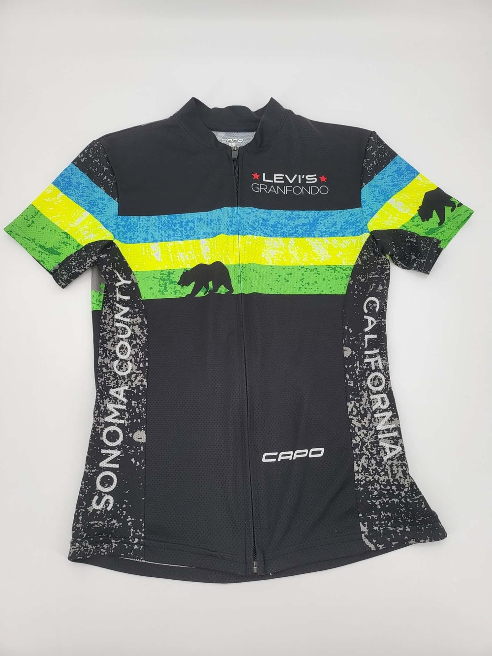 Levi's Granfondo Cycling Jersey - Black with Blue, Yellow & Green Stripes